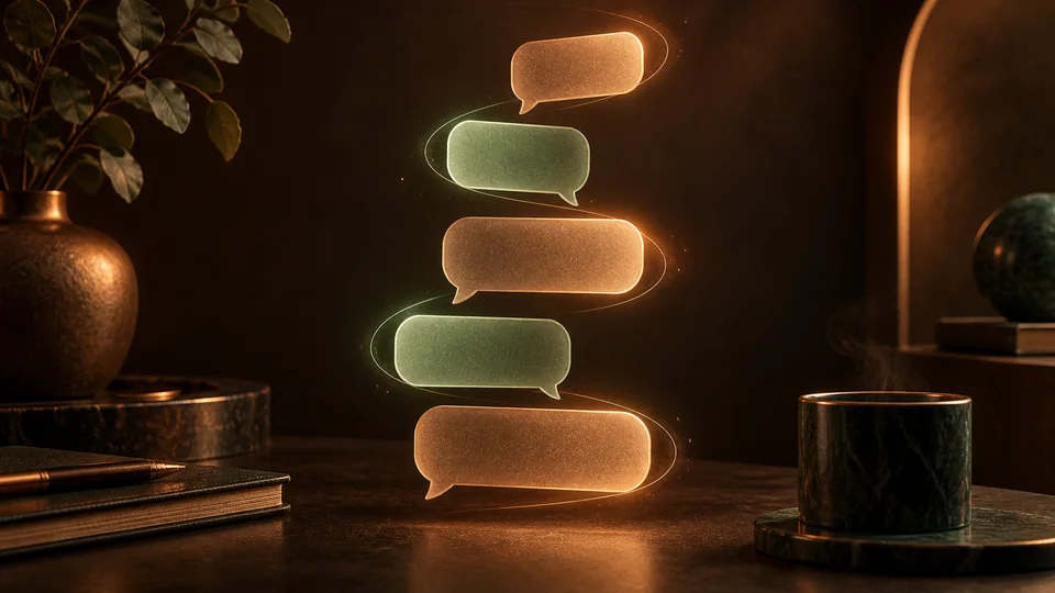 Stylized espresso illustration of a private chat thread made of glowing copper and sage conversation bubbles, no people